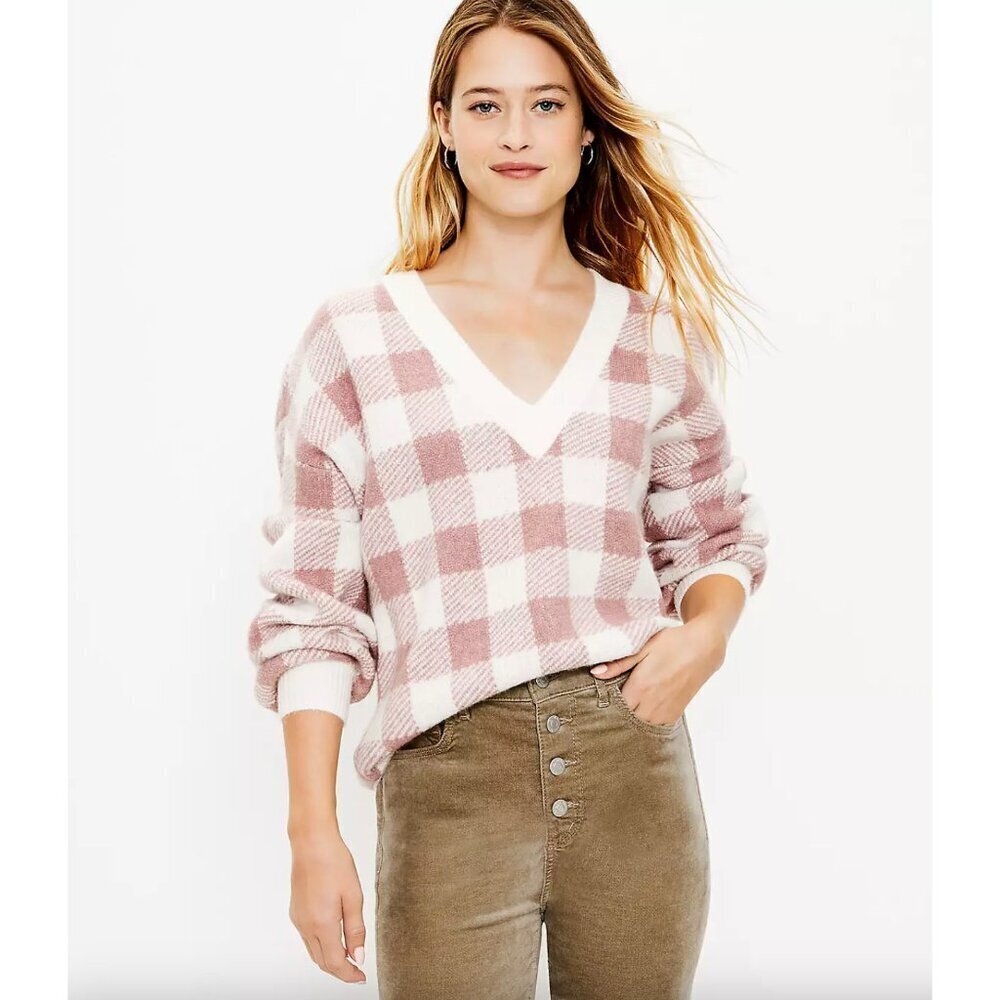 LOFT Mauve Purple White Plaid V-neck Cozy Wool Blend Pullover Sweater Jumper